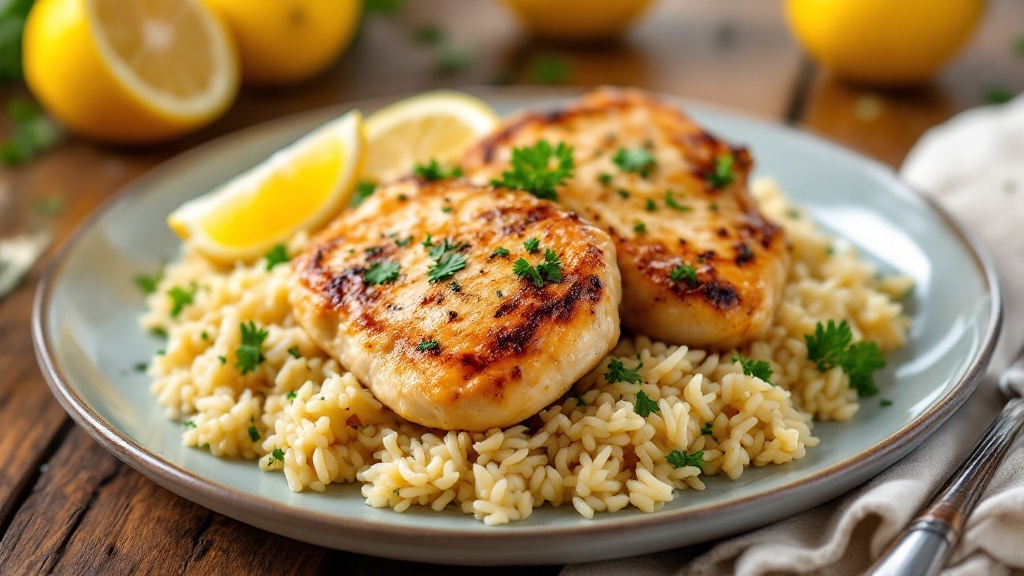One-Pot Greek Lemon Chicken and Rice with chicken thighs, lemon, and parsley on a rustic wooden table.